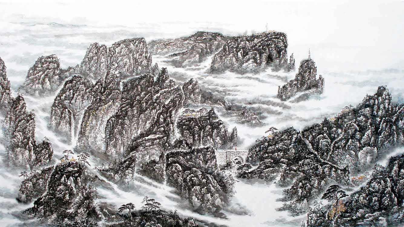 Taishan mountain traditional Chinese ink painting by Li Yuanguo