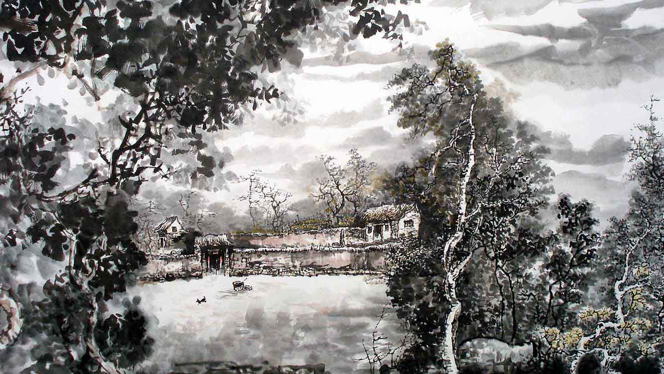 Watercolor painting village scene